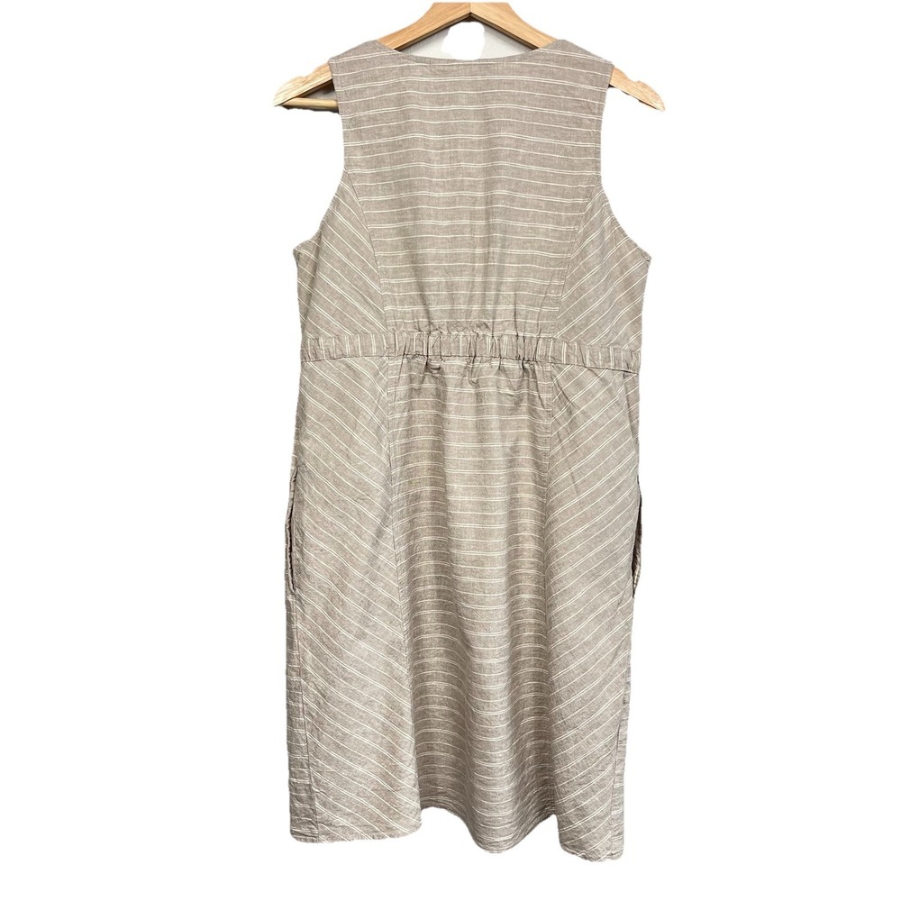 Kyodon Linen Blend Faux Wrap Mini Dress‎ Beige Striped Medium Boho Beach Casual - Picture 2 of 11